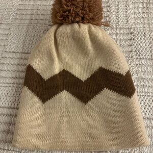 Vintage 100% wool Charlie Brown, Brown and Tan Zigzag Beanie with pom-pom